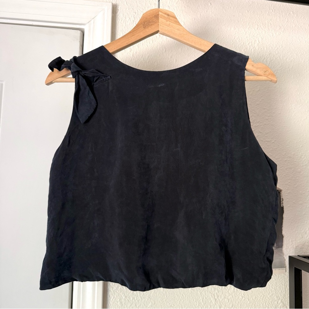 DECKER navy blue cupro tie detail boxy cropped criss cross back tank top